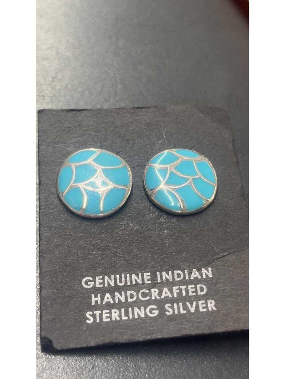 Native American Zuni handmade sterling silver inlay oval turquoise earrings